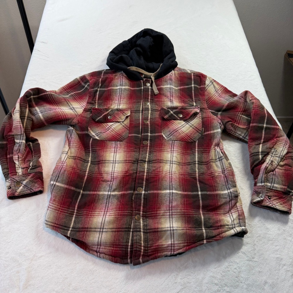 Legendary Outfitters Flannel Hooded Jacket Mens M Red Plaid Good Quilted 149651